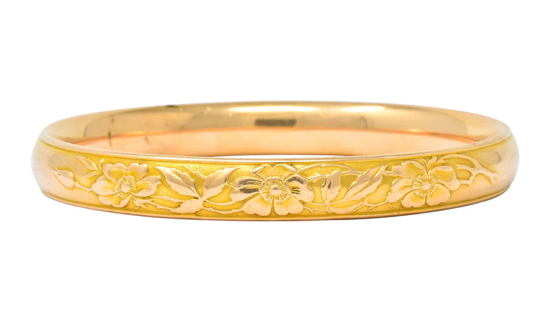 Krementz Diamond Sapphire 14 Karat Gold Engraved Floral Bangle Bracelet - Wilson's Estate Jewelry