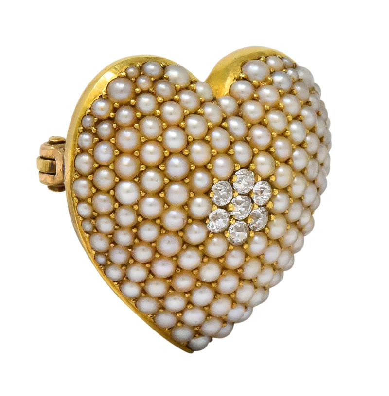 Krementz Late Victorian Diamond Seed Pearl 14 Karat Gold Heart Pendant Brooch - Wilson's Estate Jewelry