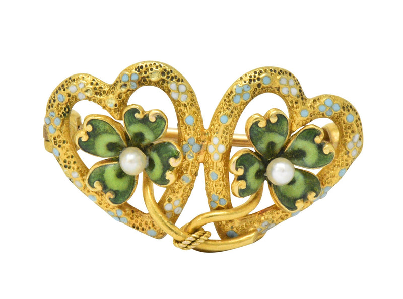 Krementz Late Victorian Seed Pearl Enamel 14 Karat Gold Heart Four Leaf Clover Pin - Wilson's Estate Jewelry