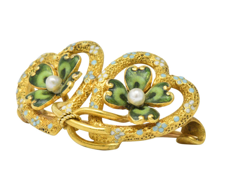 Krementz Late Victorian Seed Pearl Enamel 14 Karat Gold Heart Four Leaf Clover Pin - Wilson's Estate Jewelry