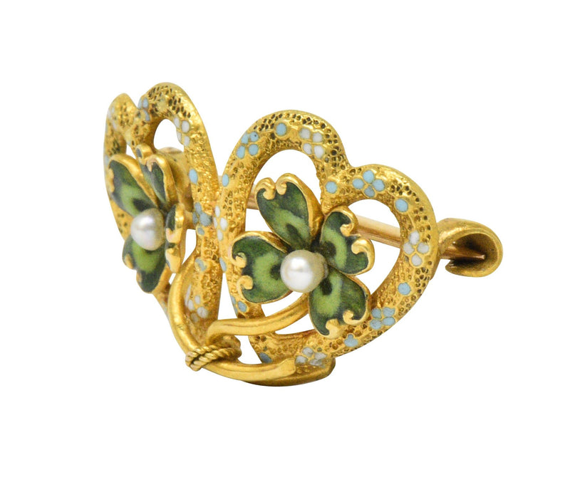 Krementz Late Victorian Seed Pearl Enamel 14 Karat Gold Heart Four Leaf Clover Pin - Wilson's Estate Jewelry