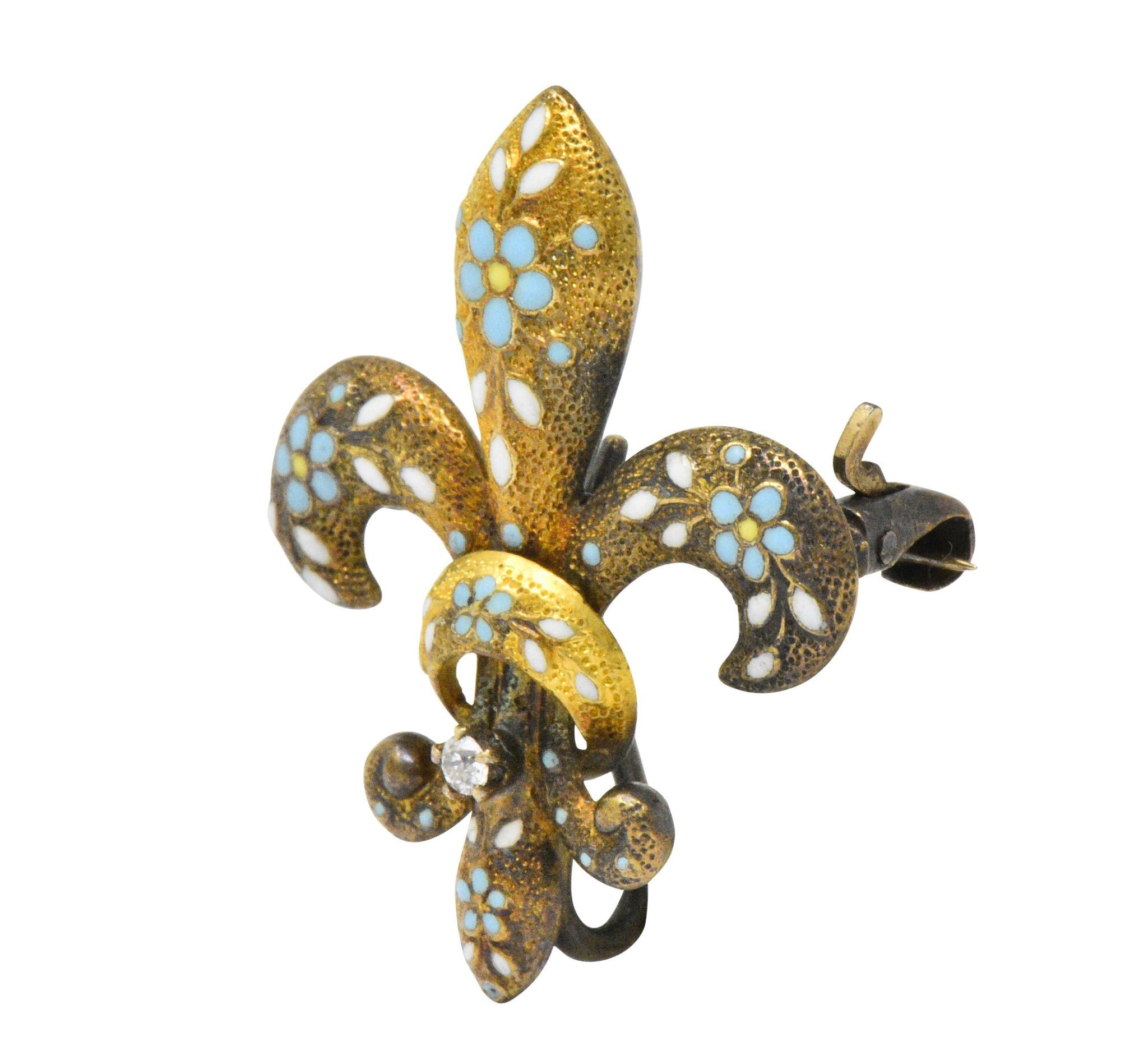Krementz Victorian Diamond Enamel 14 Karat Gold Fleur-De-Lis Pin Brooch Wilson's Estate Jewelry