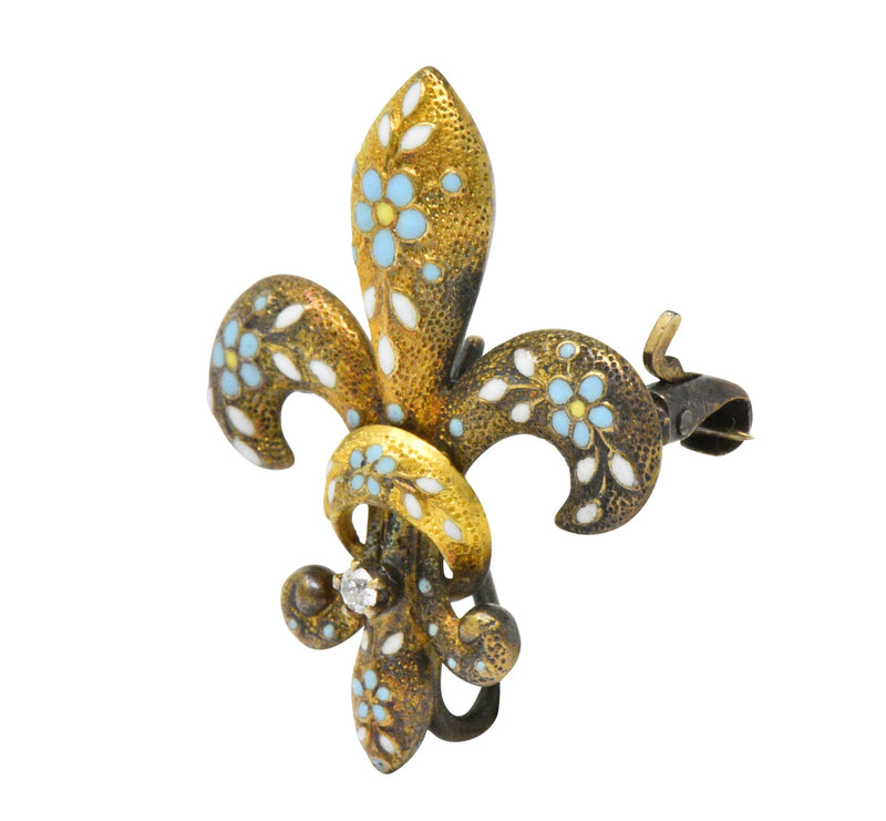 Krementz Victorian Diamond Enamel 14 Karat Gold Fleur-De-Lis Pin Brooch Wilson's Estate Jewelry