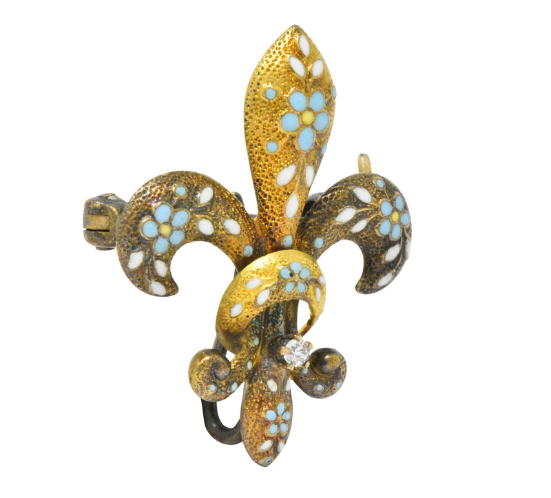 Krementz Victorian Diamond Enamel 14 Karat Gold Fleur-De-Lis Pin Brooch Wilson's Estate Jewelry