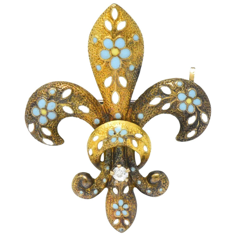 Krementz Victorian Diamond Enamel 14 Karat Gold Fleur-De-Lis Pin Brooch Wilson's Estate Jewelry