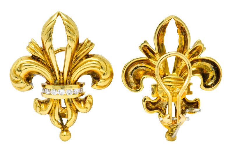 Lagos 1990's Vintage Diamond 18 Karat Gold Fleur-De-Lis Earrings - Wilson's Estate Jewelry