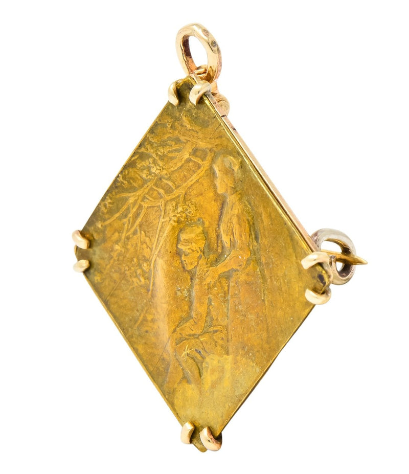 Lalique Art Nouveau 14 Karat Gold Bronze Forest Soldier Repousse Pendant Brooch - Wilson's Estate Jewelry