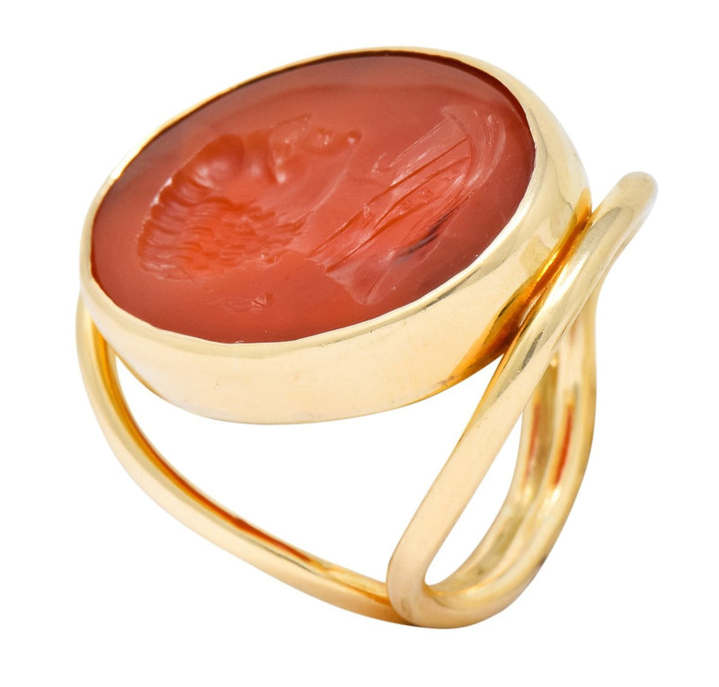 Large 1940’s Retro Carnelian Carved Male Silhouette Intaglio 14 Karat Yellow Gold Ring - Wilson's Estate Jewelry