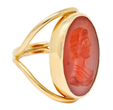 Large 1940’s Retro Carnelian Carved Male Silhouette Intaglio 14 Karat Yellow Gold Ring - Wilson's Estate Jewelry