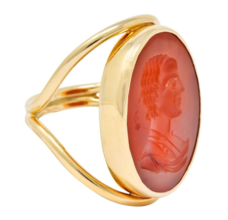 Large 1940’s Retro Carnelian Carved Male Silhouette Intaglio 14 Karat Yellow Gold Ring - Wilson's Estate Jewelry