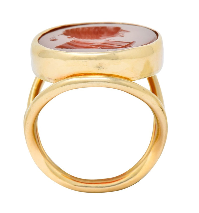 Large 1940’s Retro Carnelian Carved Male Silhouette Intaglio 14 Karat Yellow Gold Ring - Wilson's Estate Jewelry