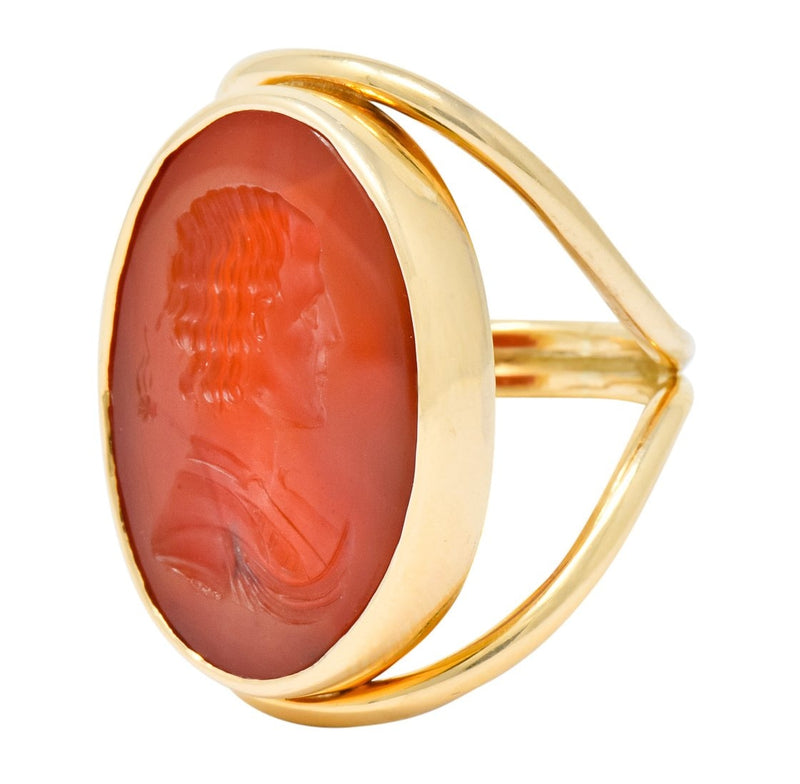 Large 1940’s Retro Carnelian Carved Male Silhouette Intaglio 14 Karat Yellow Gold Ring - Wilson's Estate Jewelry