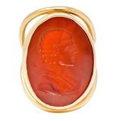 Large 1940’s Retro Carnelian Carved Male Silhouette Intaglio 14 Karat Yellow Gold Ring - Wilson's Estate Jewelry