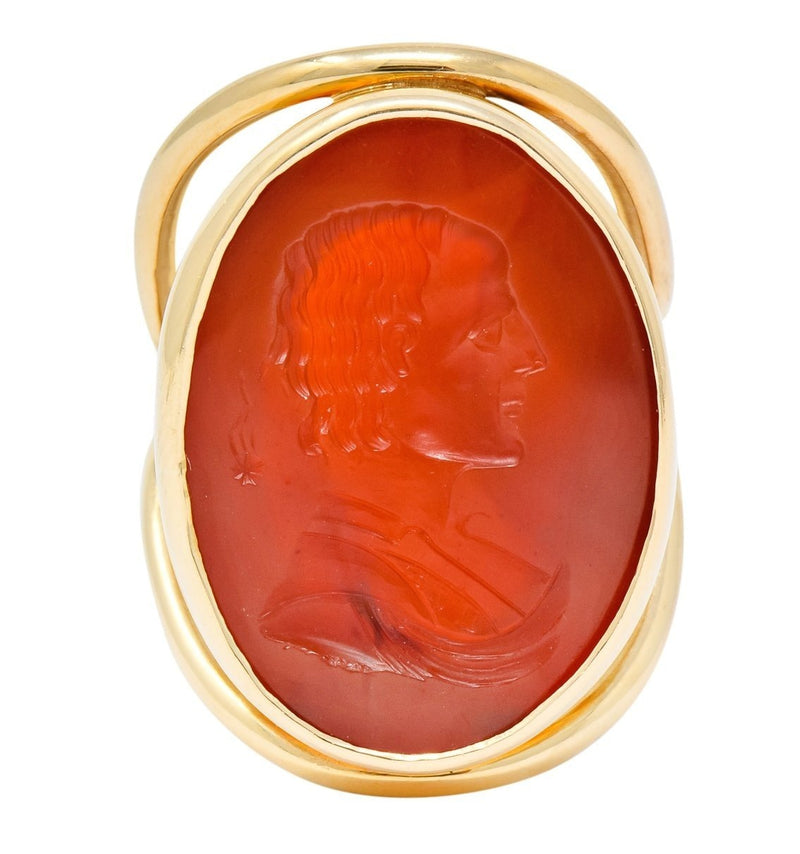 Large 1940’s Retro Carnelian Carved Male Silhouette Intaglio 14 Karat Yellow Gold Ring - Wilson's Estate Jewelry