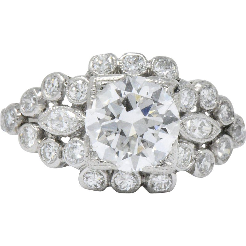 Late Art Deco 1.69 CTW Diamond Platinum Cluster Engagement Ring GIA Wilson's Estate Jewelry