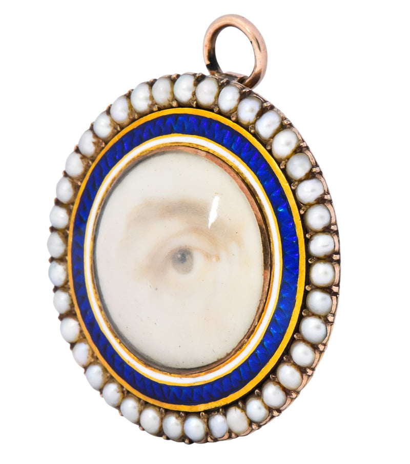 Late Georgian Seed Pearl Enamel 12 Karat Gold Lover’s Eye Pendant Brooch - Wilson's Estate Jewelry
