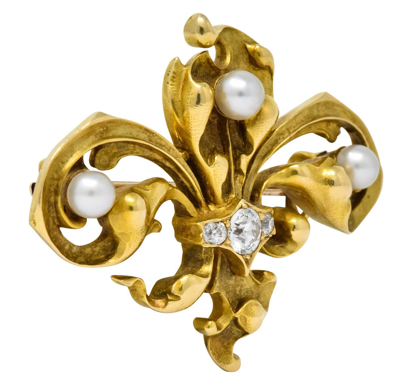 Late Victorian French Fleur-de-lis Diamond Pearl 18 Karat Gold Brooch - Wilson's Estate Jewelry