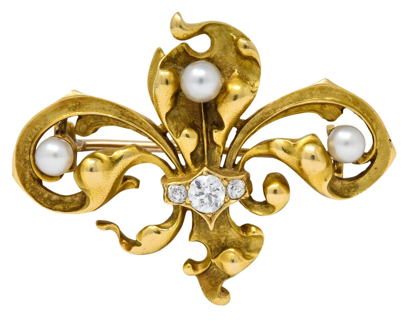 Late Victorian French Fleur-de-lis Diamond Pearl 18 Karat Gold Brooch - Wilson's Estate Jewelry