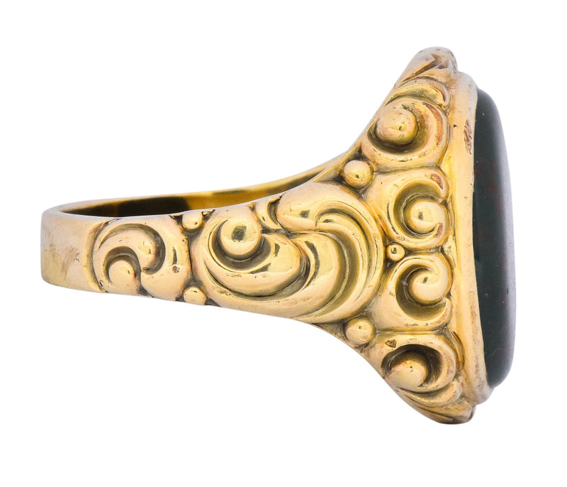 Late Victorian German Bloodstone 8 Karat Gold Unisex Ring Circa 1890 - Wilson's Estate Jewelry