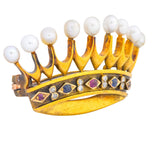 Late Victorian Pearl Sapphire Ruby Diamond 18 Karat Gold Crown Brooch Circa 1890 - Wilson's Estate Jewelry