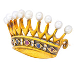 Late Victorian Pearl Sapphire Ruby Diamond 18 Karat Gold Crown Brooch Circa 1890 - Wilson's Estate Jewelry