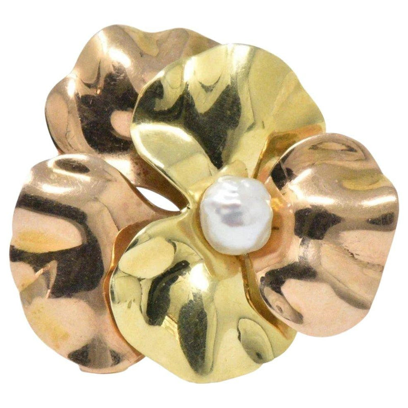 Lovely 14K Two-Tone Gold & Natural Freshwater Pearl Flower Brooch Wilson's Estate Jewelry