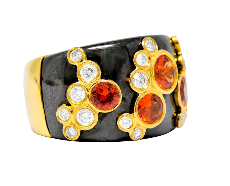 Marina B 'Bulgari' 2.80 CTW Orange Sapphire Diamond Onyx 18 Karat Gold Fujiyama Ring Wilson's Estate Jewelry