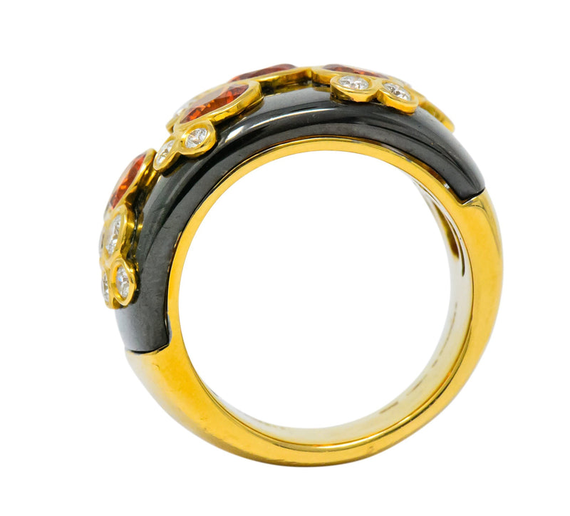 Marina B 'Bulgari' 2.80 CTW Orange Sapphire Diamond Onyx 18 Karat Gold Fujiyama Ring Wilson's Estate Jewelry