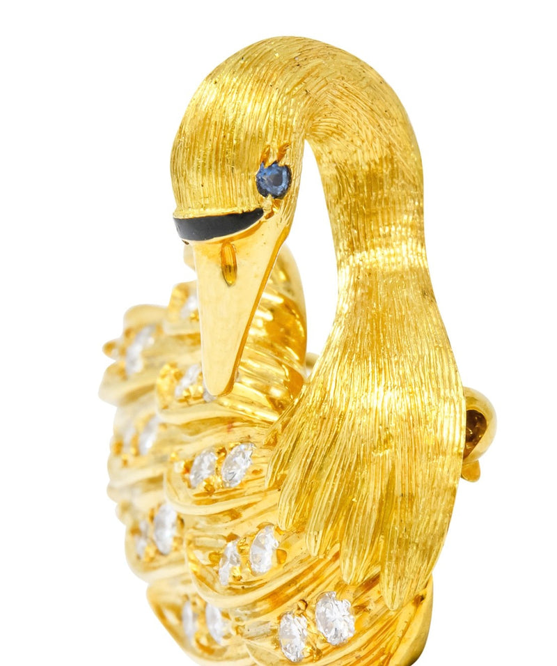 McTeigue Diamond Sapphire Enamel 18 Karat Yellow Gold Swan Brooch - Wilson's Estate Jewelry