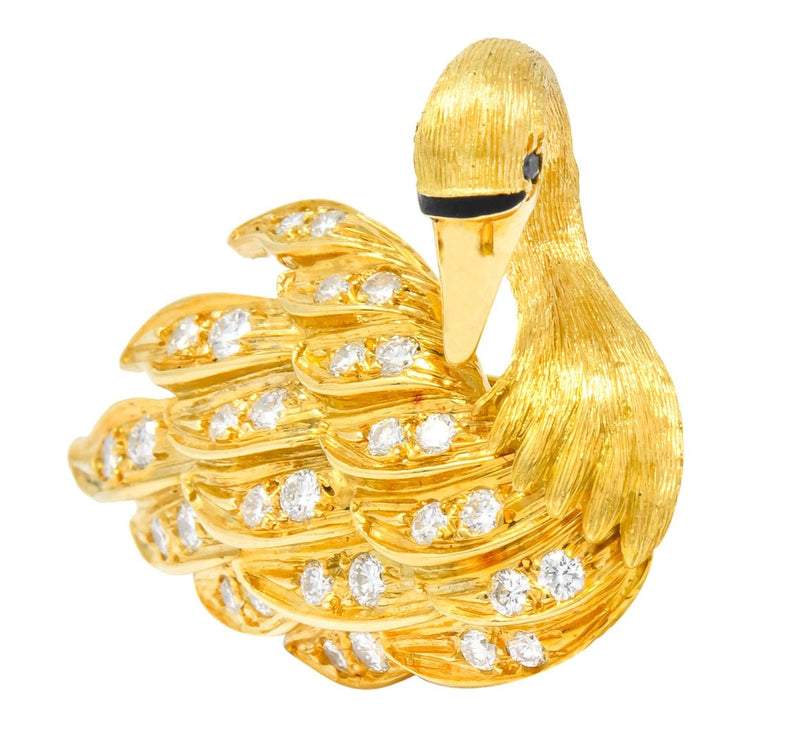 McTeigue Diamond Sapphire Enamel 18 Karat Yellow Gold Swan Brooch - Wilson's Estate Jewelry