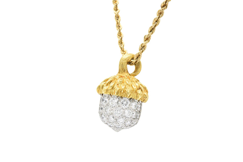 McTeigue Retro 1.20 CTW Diamond Platinum 18 Karat Gold Acorn Pendant Necklace Wilson's Estate Jewelry