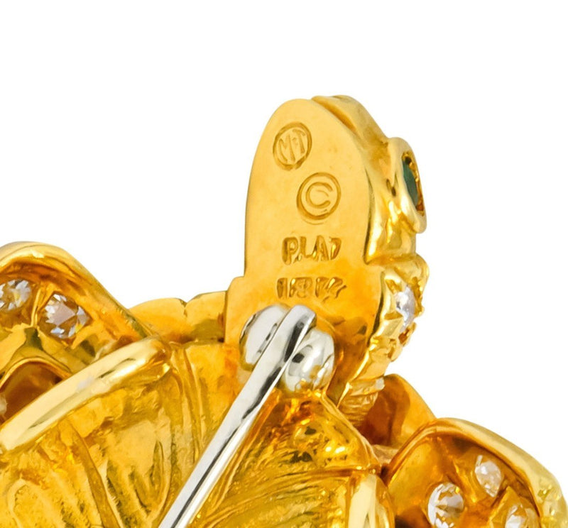 McTeigue Vintage 2.20 CTW Diamond Emerald Platinum Topped 18 Karat Gold Turtle Pendant Brooch
