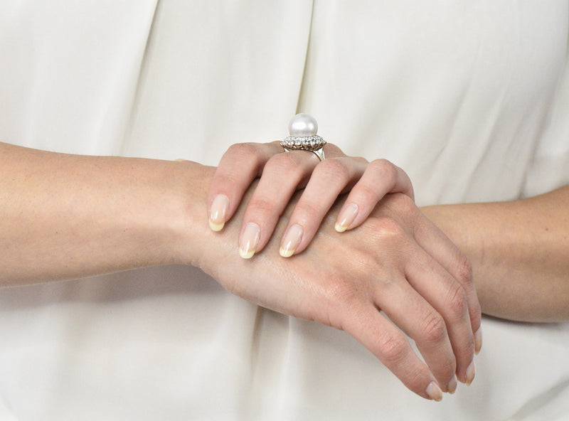 Modern 3.20 CTW Diamond Cultured South Sea Pearl 14 Karat White Gold Cluster Ring - Wilson's Estate Jewelry