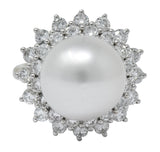 Modern 3.20 CTW Diamond Cultured South Sea Pearl 14 Karat White Gold Cluster Ring - Wilson's Estate Jewelry