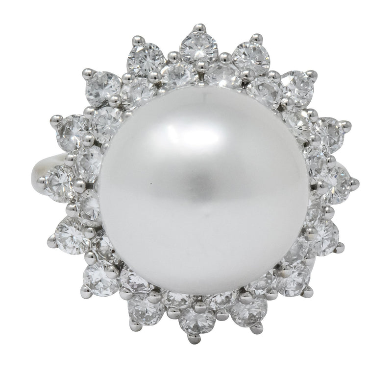 Modern 3.20 CTW Diamond Cultured South Sea Pearl 14 Karat White Gold Cluster Ring - Wilson's Estate Jewelry