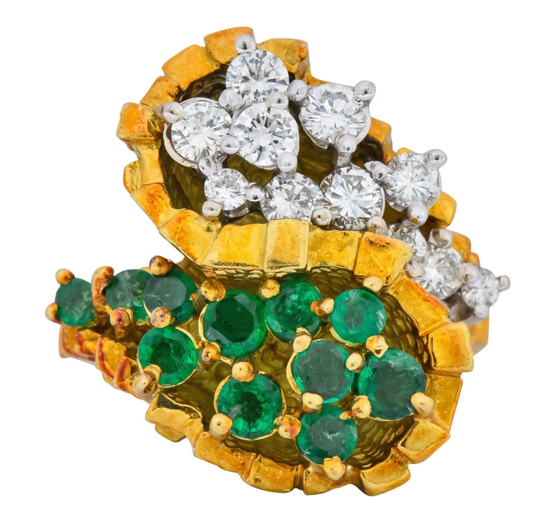 Modernist 2.20 CTW Diamond Emerald 18 Karat Gold Bypass Cocktail Ring - Wilson's Estate Jewelry