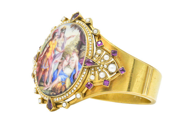 Ornate Victorian Pearl Ruby Painted Porcelain 14k Gold Bangle Bracelet Wilson's Estate Jewelry