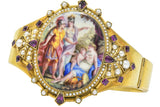 Ornate Victorian Pearl Ruby Painted Porcelain 14k Gold Bangle Bracelet Wilson's Estate Jewelry