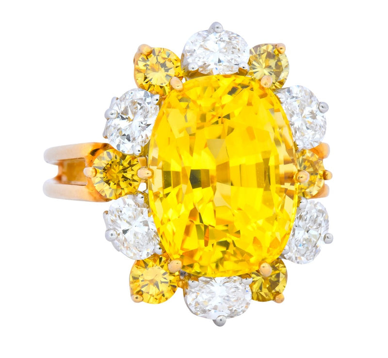 Oscar Heyman 14.86 CTW No Heat Golden Yellow Sapphire Fancy Colored Diamond Platinum 18 Karat Gold Ring GIA - Wilson's Estate Jewelry