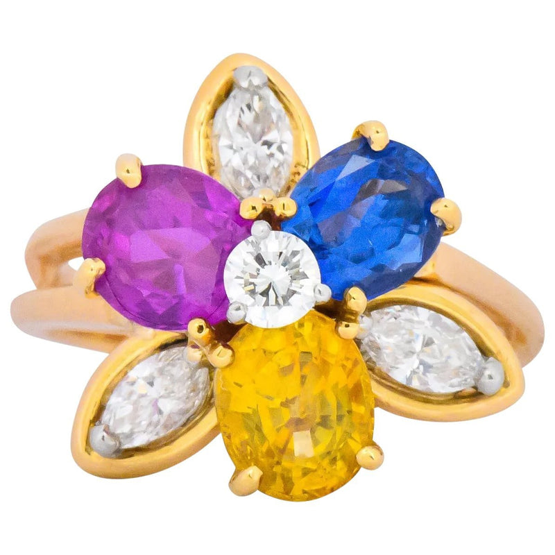 Oscar Heyman Bros. 4.05 CTW Sapphire Diamond 18 Karat Gold Floral Ring Wilson's Estate Jewelry