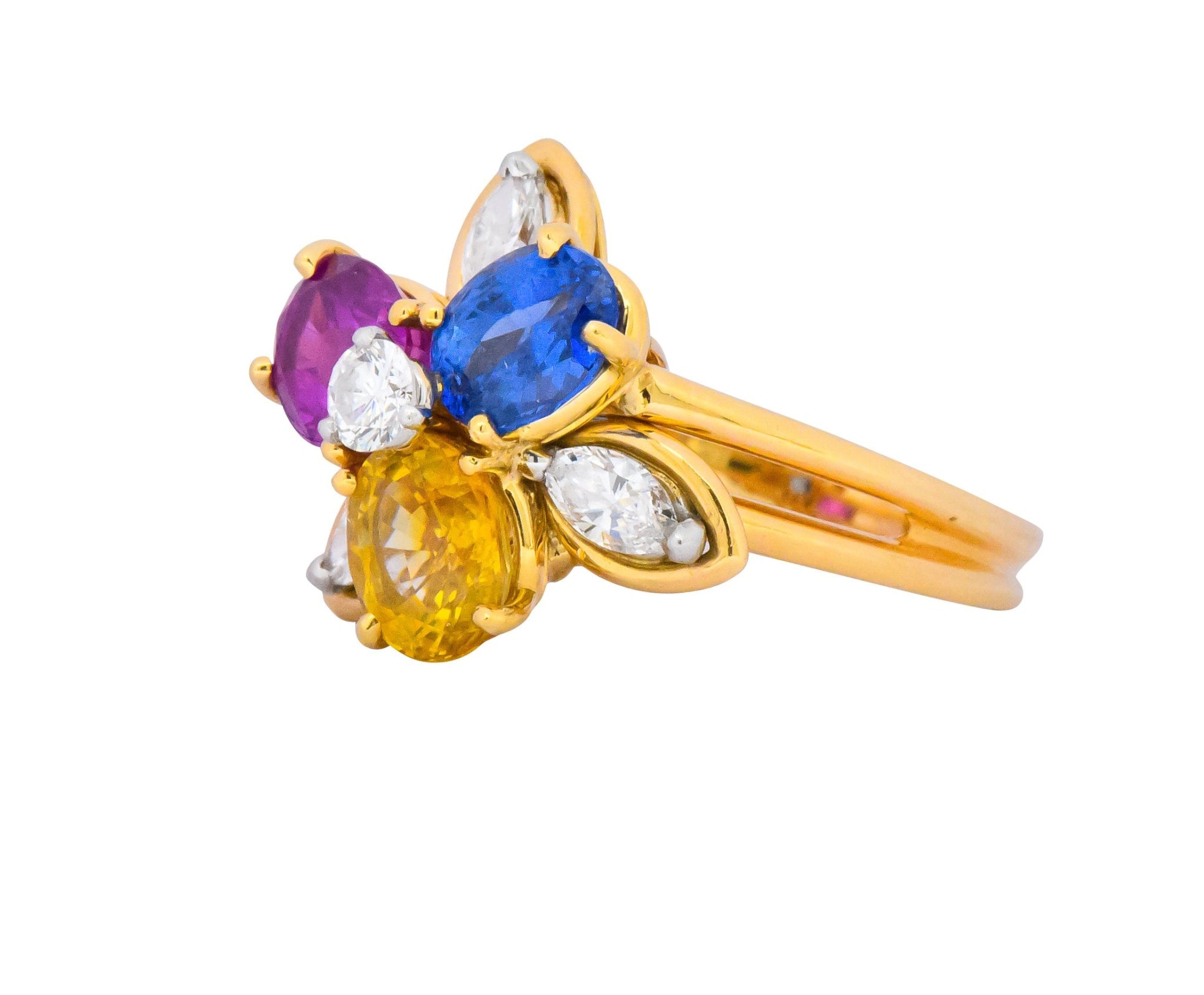 Oscar Heyman Bros. 4.05 CTW Sapphire Diamond 18 Karat Gold Floral Ring Wilson's Estate Jewelry