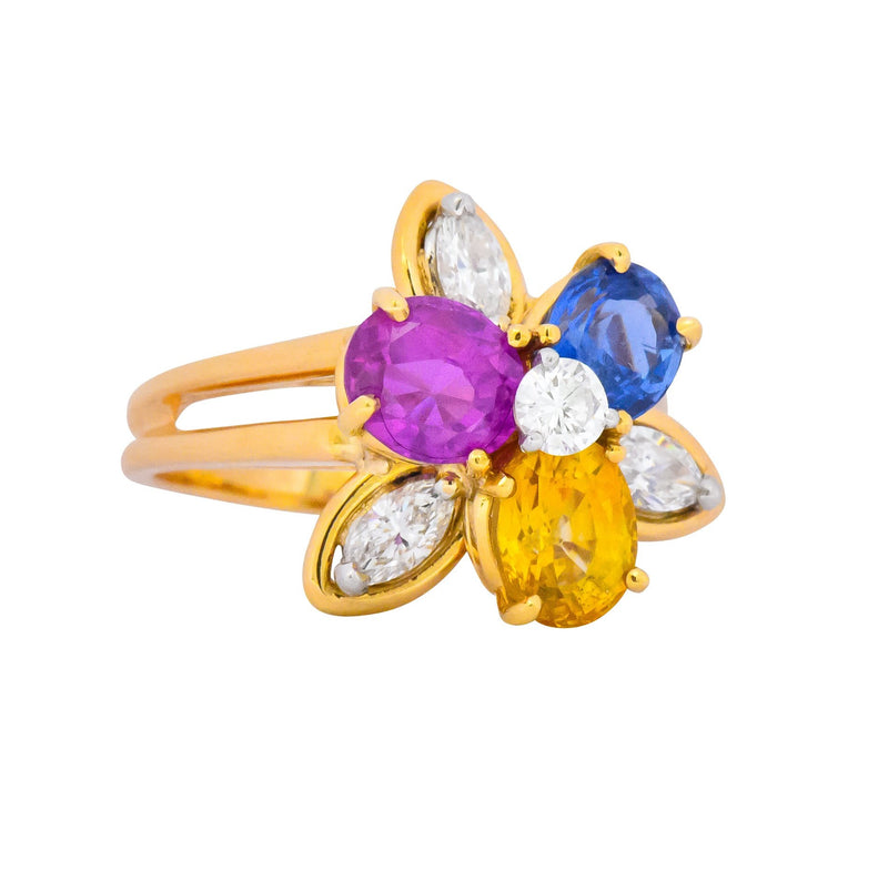 Oscar Heyman Bros. 4.05 CTW Sapphire Diamond 18 Karat Gold Floral Ring Wilson's Estate Jewelry
