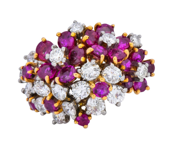 Oscar Heyman Retro 5.15 CTW Diamond Ruby 18 Karat Gold Cluster Flower Ring - Wilson's Estate Jewelry