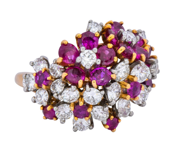 Oscar Heyman Retro 5.15 CTW Diamond Ruby 18 Karat Gold Cluster Flower Ring - Wilson's Estate Jewelry