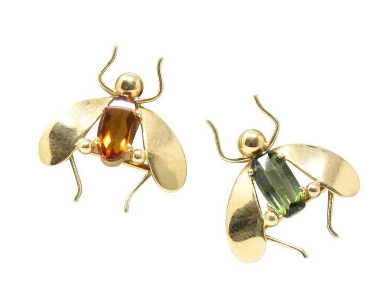 Pair of Retro Tiffany & Co. Citrine, Tourmaline & 14K Gold Bug Brooches Wilson's Estate Jewelry