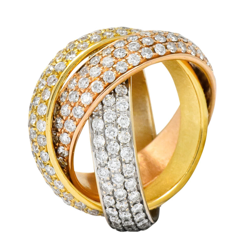 Rabino 5.00 CTW Diamond 18 Karat Tri-Colored Italian Rolling Band Trinity Ring - Wilson's Estate Jewelry