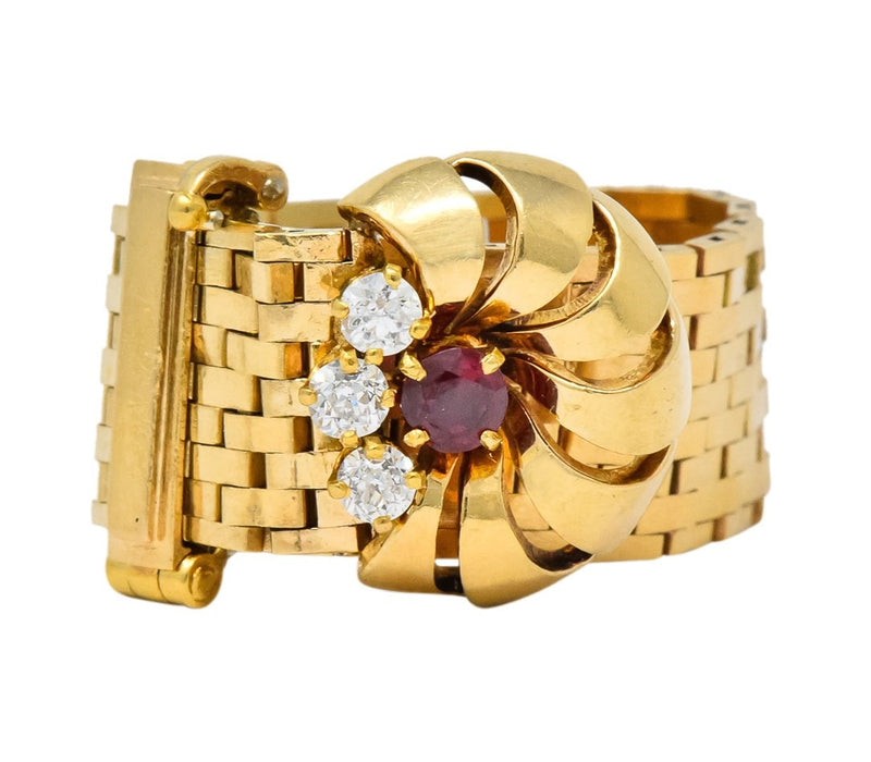 Retro 0.40 CTW Diamond Ruby 14 Karat Gold Buckle Ring - Wilson's Estate Jewelry