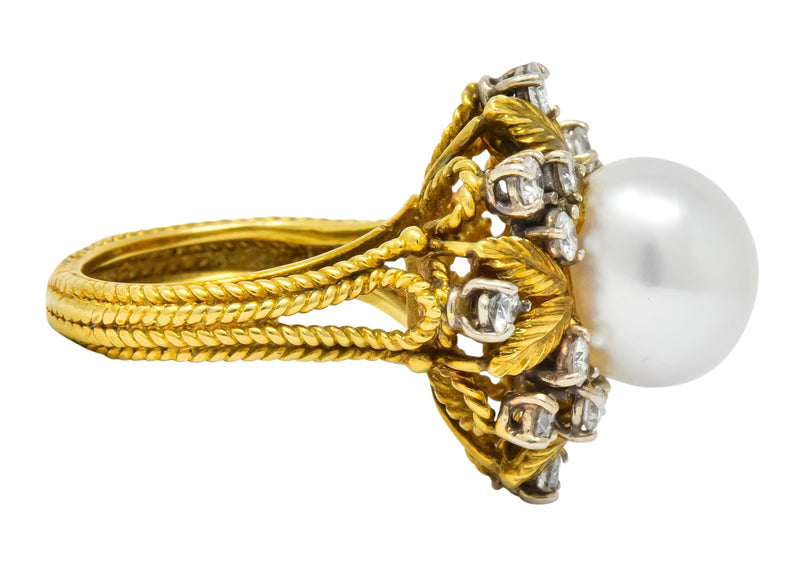 Retro 0.95 CTW Diamond South Sea Pearl 18 Karat Gold Cluster Ring - Wilson's Estate Jewelry