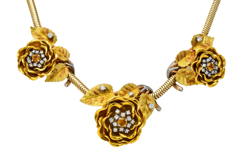 Retro 1.00 CTW Citrine Diamond Platinum 14 Karat Tri-Colored Gold Flower Necklace - Wilson's Estate Jewelry