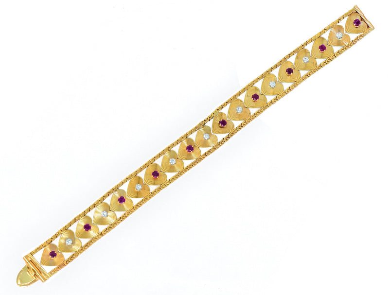 Retro 1.80 CTW Diamond Ruby 14 Karat Gold Heart Bracelet - Wilson's Estate Jewelry